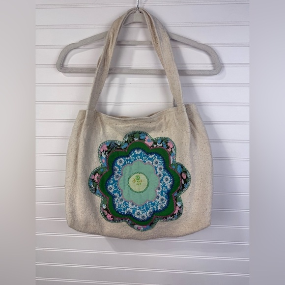Handbags - Handcrafted boho hippy Cream burlap Tote Bag with quilted Floral Appliqué.